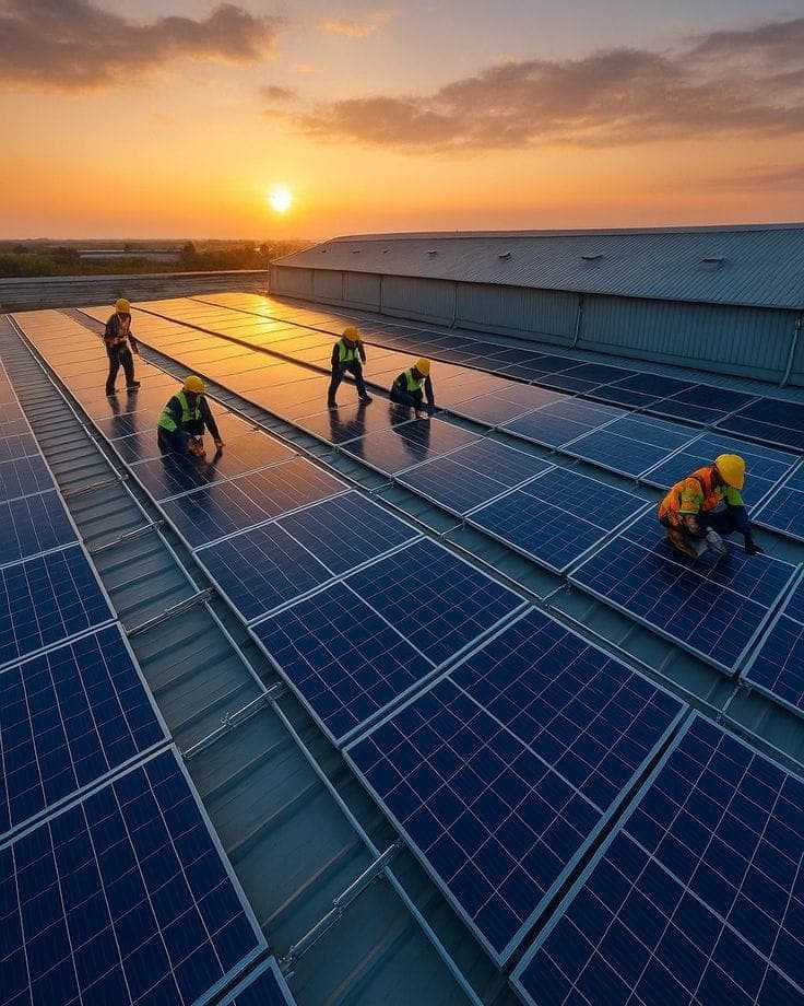 Technician installing rooftop solar panels